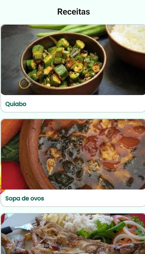 Ecrã de receitas do app Matapa com Quiabo e Sopa de ovos
